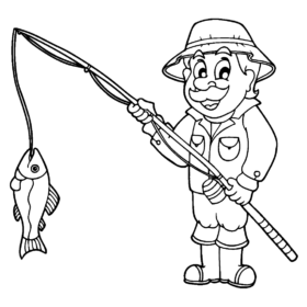 cartoon fisherman with fishing rod and fish
