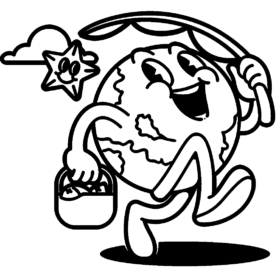 retro running globe cartoon mascot character holding fishing rod